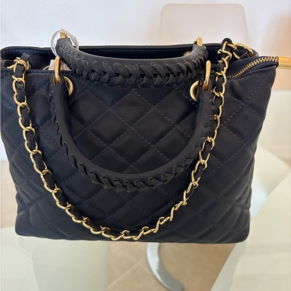 Black or navy with Gold Quilted Leather Shoulder Bag with Chain Straps